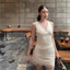 Set linen 2 món : Áo sát nách cổ V kèm chân váy chữ A ôm dáng phối viền ren tinh tế cao cấp , màu trắng kem tôn dáng