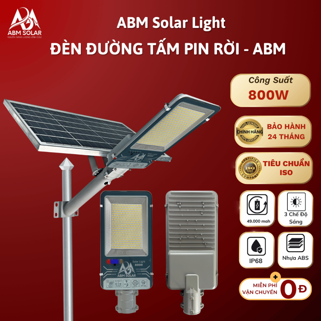 Đèn Đường Năng Lượng Mặt Trời 800W ABM Solar, Tấm Pin Monosilicon, Chống Nước IP68, Sáng 12-16H, Đèn Sân Vườn Ngoài Trời