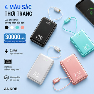 Pin Sạc Dự Phòng ANKRE 30000mAh Sạc Nhanh 22.5W PD20W, Tích Hợp 2 Dây Type-C + Lightning, Màn Hình LED, Dây Đeo Tiện Lợi
