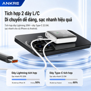 Pin Sạc Dự Phòng ANKRE 30000mAh Sạc Nhanh 22.5W PD20W, Tích Hợp 2 Dây Type-C + Lightning, Màn Hình LED, Dây Đeo Tiện Lợi