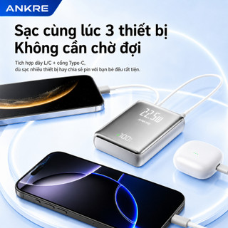 Pin Sạc Dự Phòng ANKRE 30000mAh Sạc Nhanh 22.5W PD20W, Tích Hợp 2 Dây Type-C + Lightning, Màn Hình LED, Dây Đeo Tiện Lợi