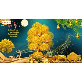 Tranh cây kim tiên, tranh 3D dán tường in trên chất liệu vải lụa (shop tặng kèm keo dán)