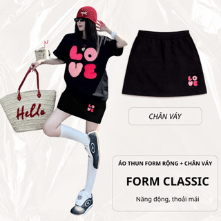 Set Bộ Áo Thun Nữ CHEPOL Form Rộng, Cổ Tròn, Phối Chân Váy, In Love, Chất Cotton ( Áo Thun Đen + Chân Váy Đen )-CP_x7266