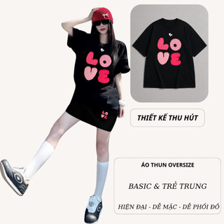 Set Bộ Áo Thun Nữ CHEPOL Form Rộng, Cổ Tròn, Phối Chân Váy, In Love, Chất Cotton ( Áo Thun Đen + Chân Váy Đen )-CP_x7266