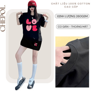 Set Bộ Áo Thun Nữ CHEPOL Form Rộng, Cổ Tròn, Phối Chân Váy, In Love, Chất Cotton ( Áo Thun Đen + Chân Váy Đen )-CP_x7266