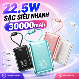 Pin Sạc Dự Phòng ANKRE 30000mAh Sạc Nhanh 22.5W PD20W, Tích Hợp 2 Dây Type-C + Lightning, Màn Hình LED, Dây Đeo Tiện Lợi