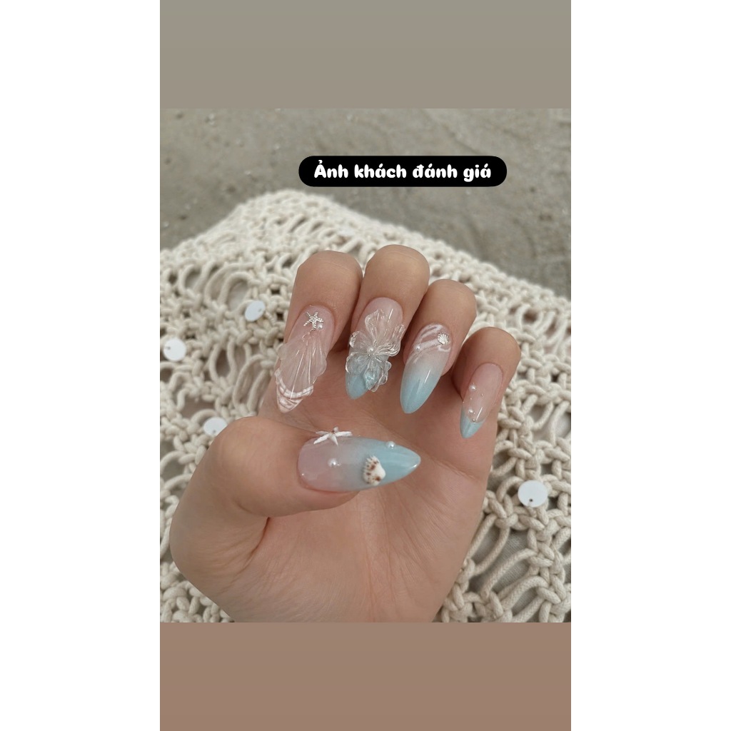 [B02] Nailbox thiết kế mẫu biển mùa hè, móng giả dán sẵn đắp gel nổi hoa vỏ sò form tròn nhọn LEUBOX