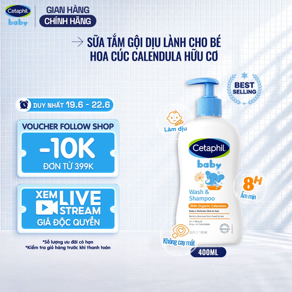[LIVE] Sữa tắm gội dưỡng ẩm dịu lành cho bé với Calendula hoa cúc hữu cơ CETAPHIL BABY W&SHAMPOO CALENDULA 400ML