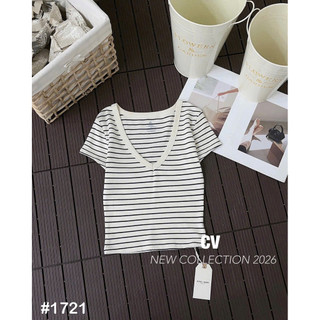 (SẴN TRẮNG) Áo Croptop Kẻ Cổ V QC