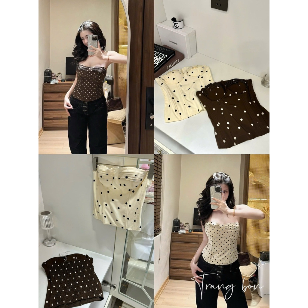 Áo lụa chấm bi cúp ngực mix đồ xinh lắm