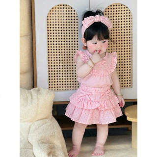 (7-15kg) Set Áo Đũi Bèo Tiểu Thư Kèm Chân Váy Tầng Siêu Xinh Cho Bé Gái - Set váy hồng babydoll cho bé gái