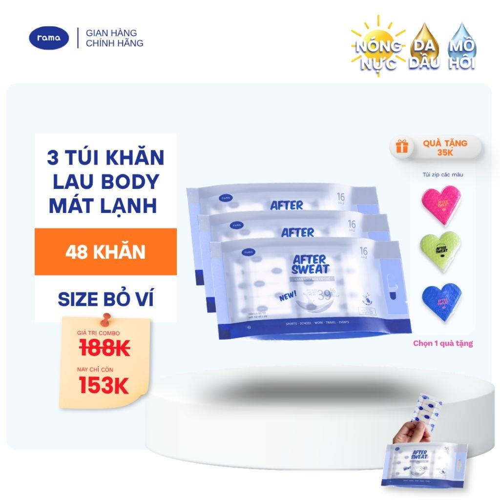 [COMBO YÊU THÍCH] MUA 3 TẶNG 1 - Khăn khử mùi cơ thể mát lạnh RAMA After Sweat - Tổng 48 khăn đóng riêng