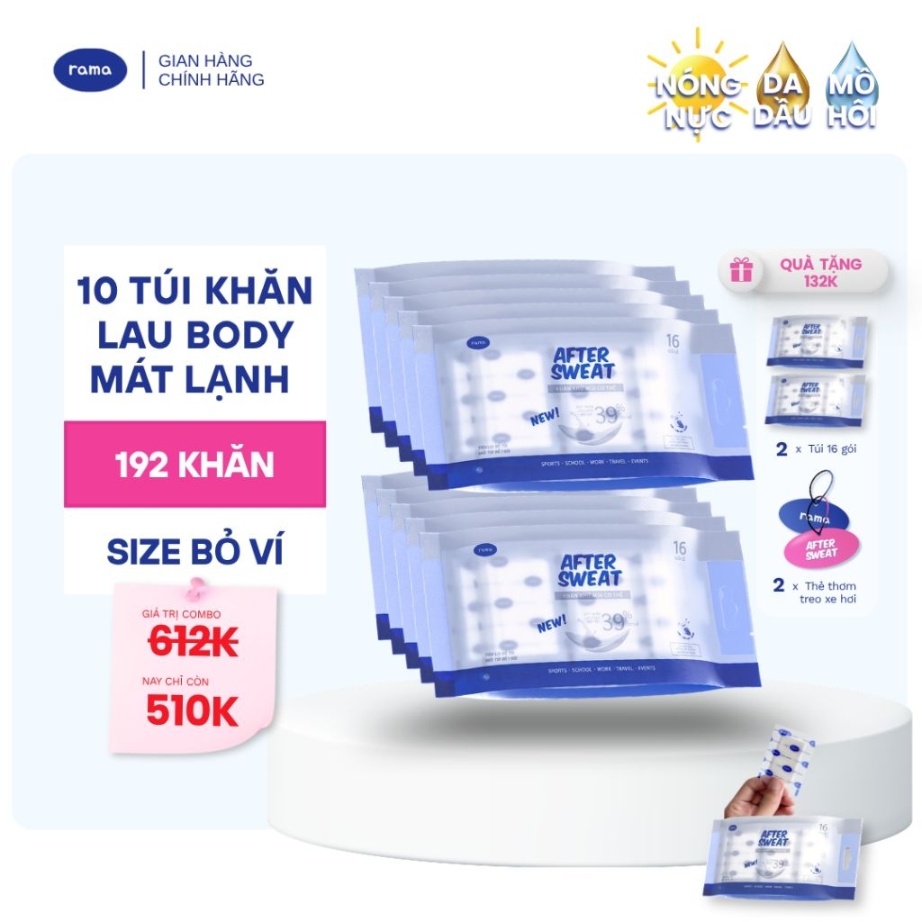 [COMBO DU LỊCH] MUA 10 TẶNG 4 - Khăn khử mùi cơ thể mát lạnh RAMA After Sweat - Tổng 196 khăn đóng riêng (Bao gồm quà)