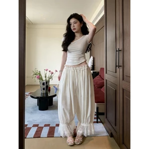Quần gió nhăn Balloon ống rộng dài phối ren style Hàn Quốc Mia pants