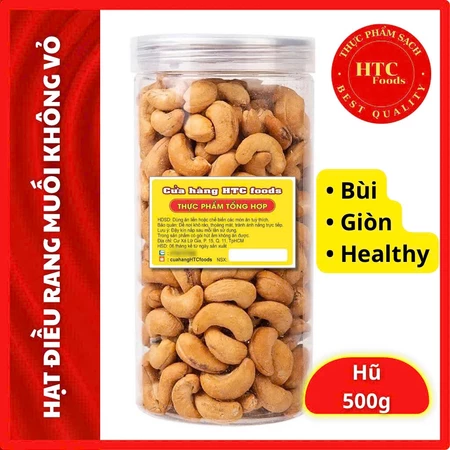 Hạt điều rang muối không vỏ loại 1 hạt to giòn bùi, ít muối, hạt dinh dưỡng healthy, 500g, HTC Foods
