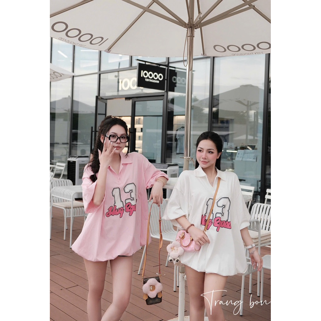 Áo váy cổ bẻ dáng rộng trẻ trung giấu quần