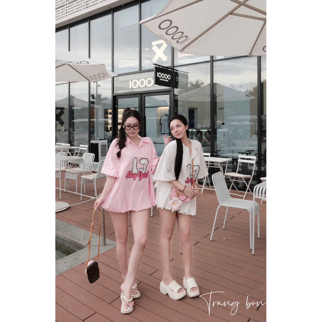 Áo váy cổ bẻ dáng rộng trẻ trung giấu quần