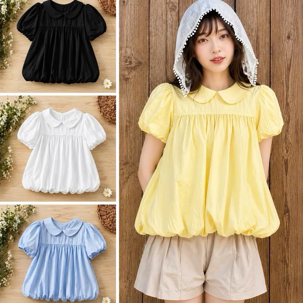 [CHE KHUYẾT ĐIỂM TAY/EO] Áo Cổ Sen Nữ Tay Ngắn Thanh Lịch, Áo Babydoll Cổ Bèo Vintage Dễ Phối Đồ, Chất Liệu Mềm Mát