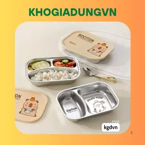 Khay Đựng Cơm Inox Chia Ngăn Capybara Kèm Thìa có Nắp Đậy,Khay Ăn Inox 304 Cho Bé 2,3 Ngăn Dễ Thương