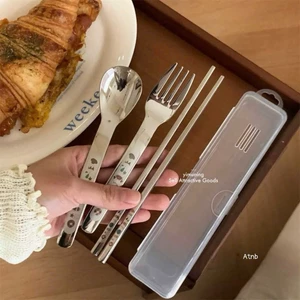 Bộ 3 món thìa, dĩa, đũa inox hoạ tiết cute có hộp đựng vệ sinh tiện lợi
