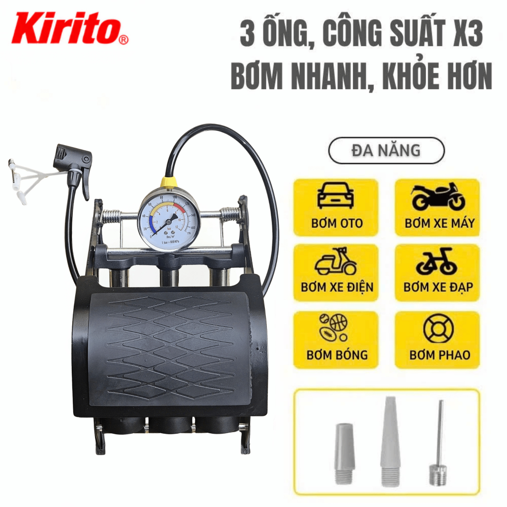 Bơm Đạp Chân Kirito 2/3 Piston Có Đồng Hồ Áp Suất, Bơm Xe Máy, Ô Tô, Xe Đạp, Bơm Hơi Đa Năng Gấp Gọn