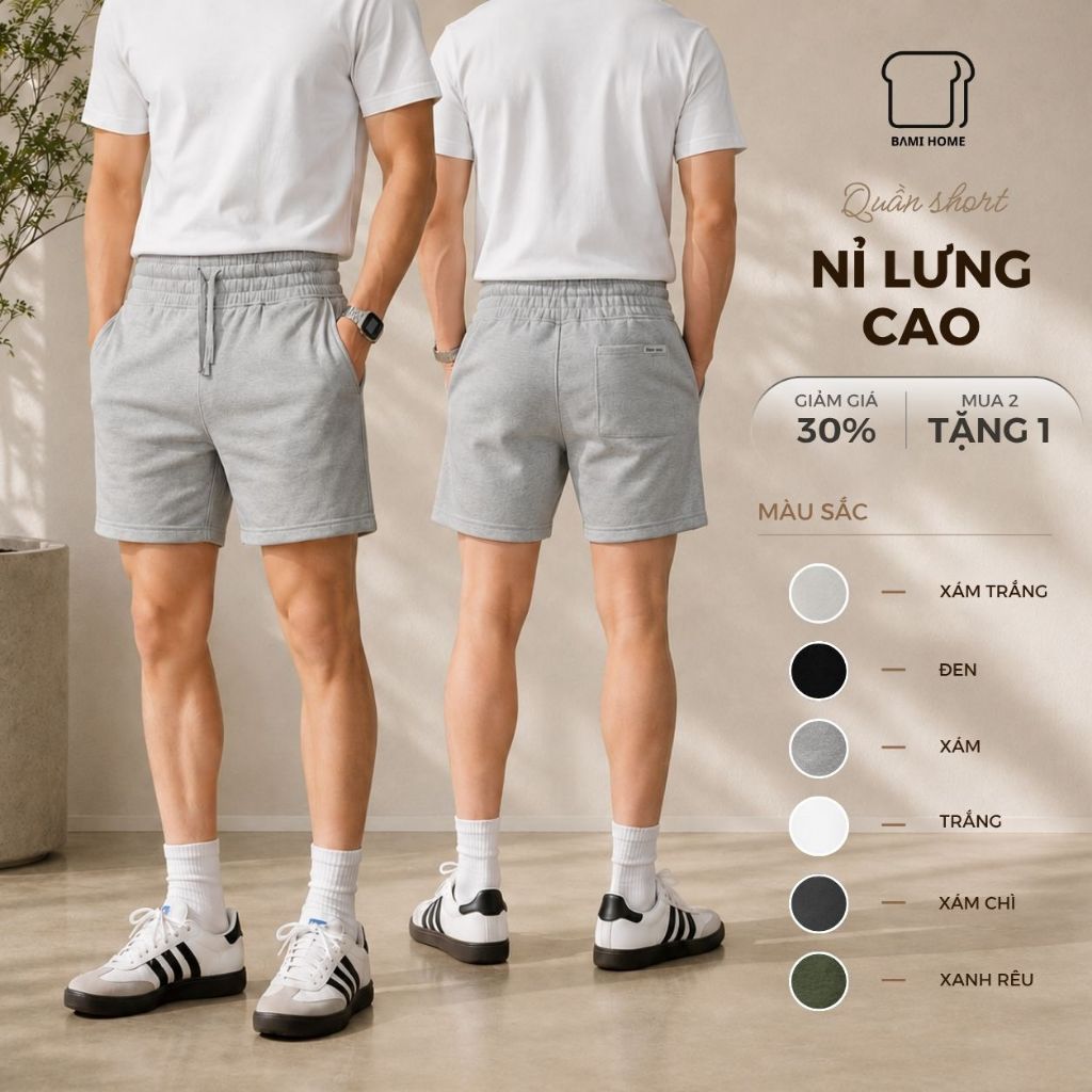 Quần short thể thao nam basic BAMIHOME chất vải nỉ chân cua khô thoáng, thoải mái QN08
