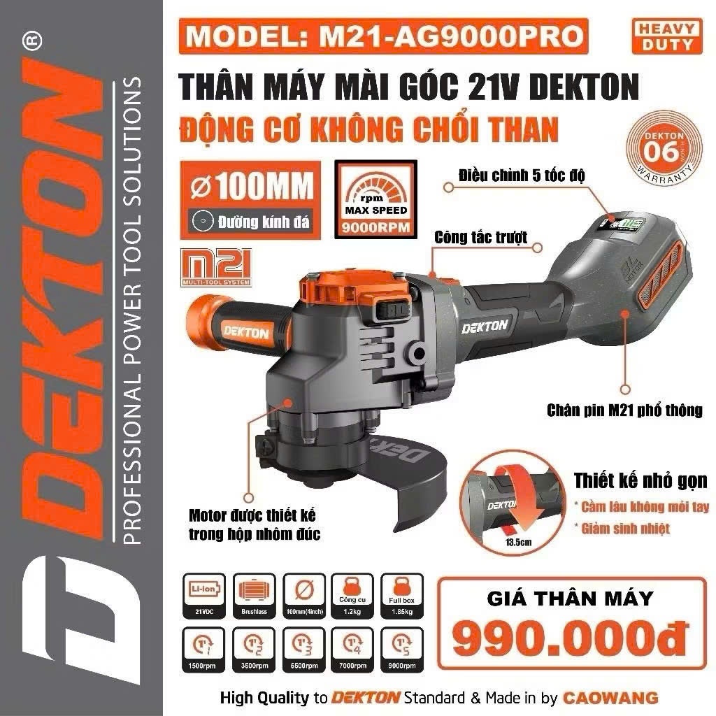 THÂN MÁY MÀI GÓC DEKTON M21-AG9000PRO Không Chổi Than Chân Pin Phổ Thông
