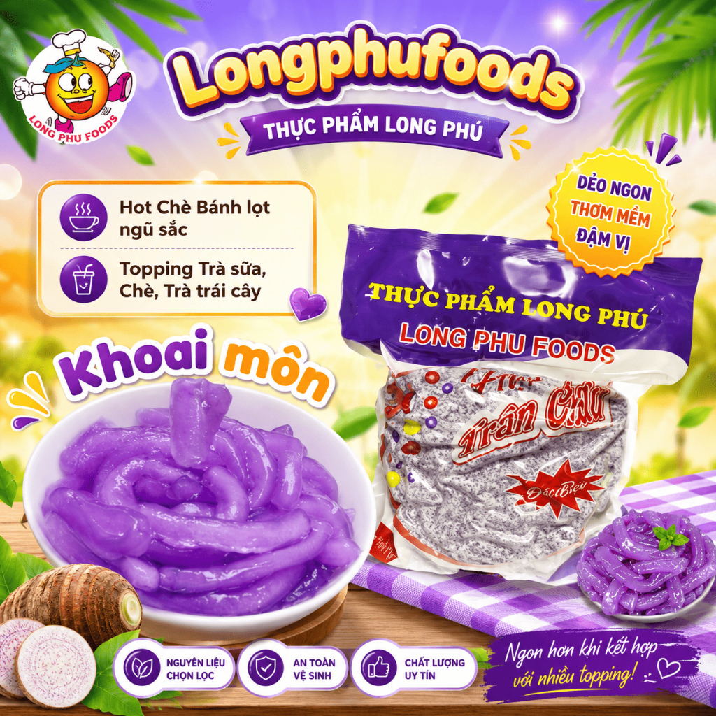 Trân Châu Sợi Vị Khoai Môn LONG PHÚ Gói 1kg - Topping Trà Sữa Dai Mềm, Nguyên Liệu Chè
