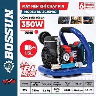 Máy nén khí pin Bossun BS-AC15PRO, Công suất 350w, Dung tích 1.5L - Không chổi than - 100% lõi đồng