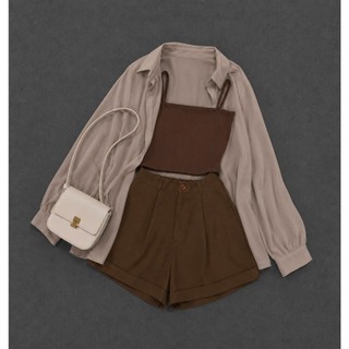 Set đồ nữ big size 3 món gồm áo sơ mi voan lụa cát dài tay kết hợp áo 2 dây croptop và quần đùi basic dễ mặc-SET967