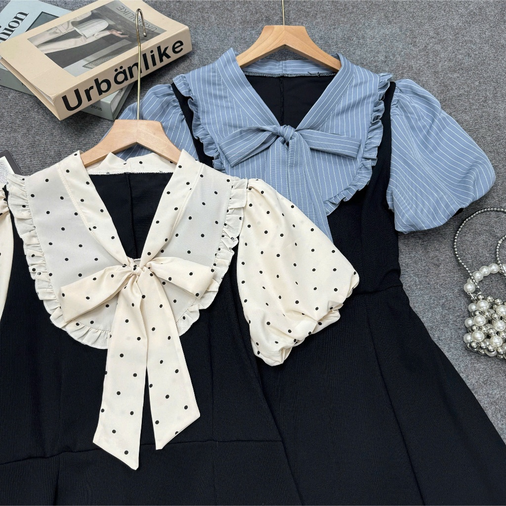 Đầm Bigsize Nữ Cổ Nơ Phối Màu Tay Phồng Dáng Xòe Thanh Lịch Đi Làm Đi Chơi Dự Tiệc Từ 58-92kg A695