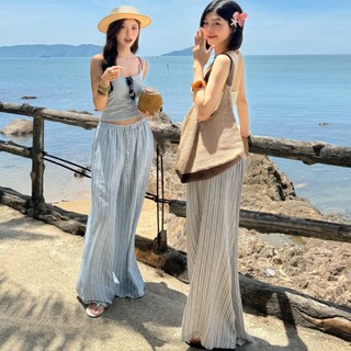 (HAVANA) Quần suông kẻ sọc cotton đũi lưng chun basic #323.03 QTH18