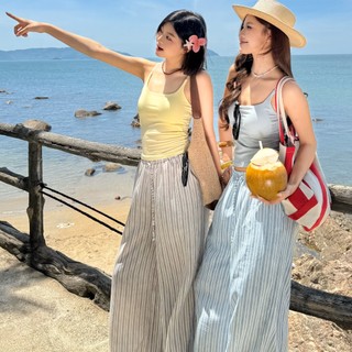 (HAVANA) Quần suông kẻ sọc cotton đũi lưng chun basic #323.03 QTH18