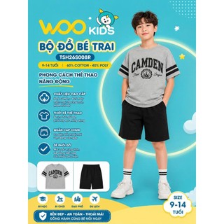 Bộ Đồ Bé Trai WooKids 9-14 Tuổi | Áo Thun Tay Ngắn Phối Sọc + Quần Short Thể Thao | 60% Cotton 40% Poly | TSH26S008R