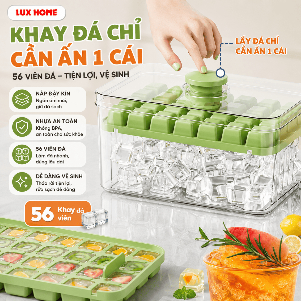 Hộp khay làm đá thông minh nhấn nút lấy đá dễ dàng, Khay đá 56 viên 2 tầng tiện lợi thông minh