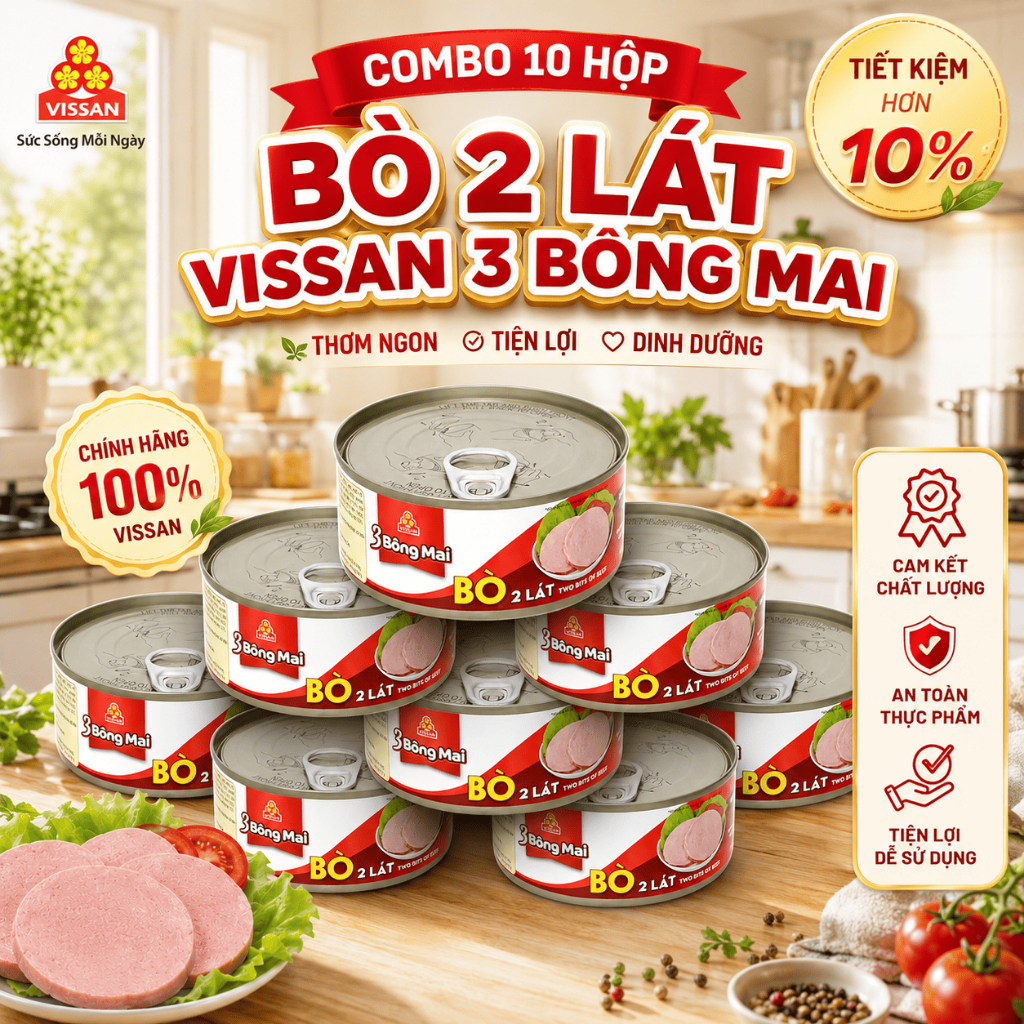 [ COMBO 10 HỘP ] Bò 2 Lát 3 Bông Mai Vissan – Chính Hãng Date 2029, HSD 36 Tháng, Ăn Liền Tiện Lợi