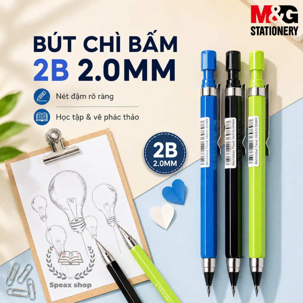 Bút Chì Bấm M&G 2B 2.0mm Kèm Chuốt Chì – Thân Lục Giác Chống Trượt, Cho Học Sinh & Vẽ Phác Thảo