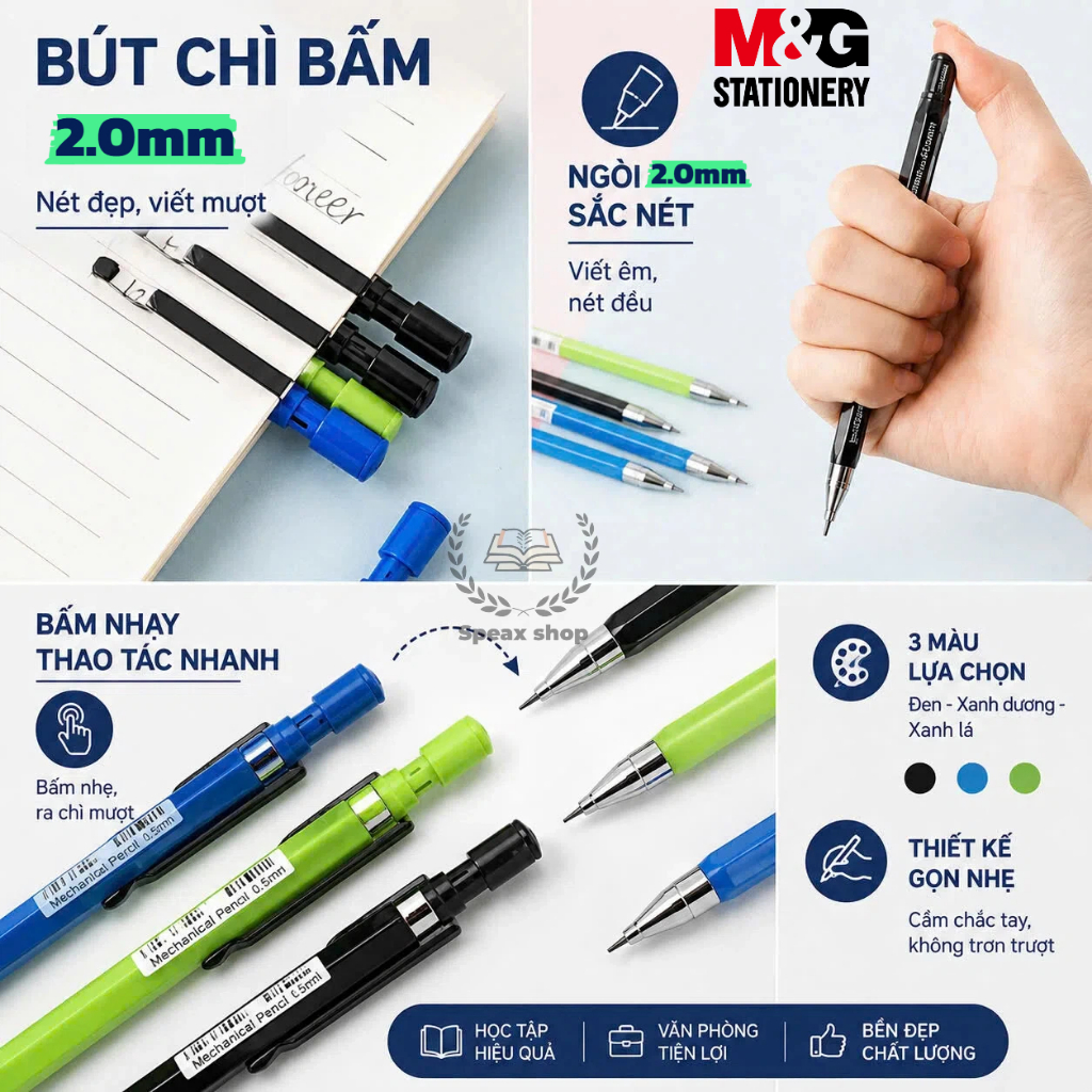 Bút Chì Bấm M&G 2B 2.0mm Kèm Chuốt Chì – Thân Lục Giác Chống Trượt, Cho Học Sinh & Vẽ Phác Thảo
