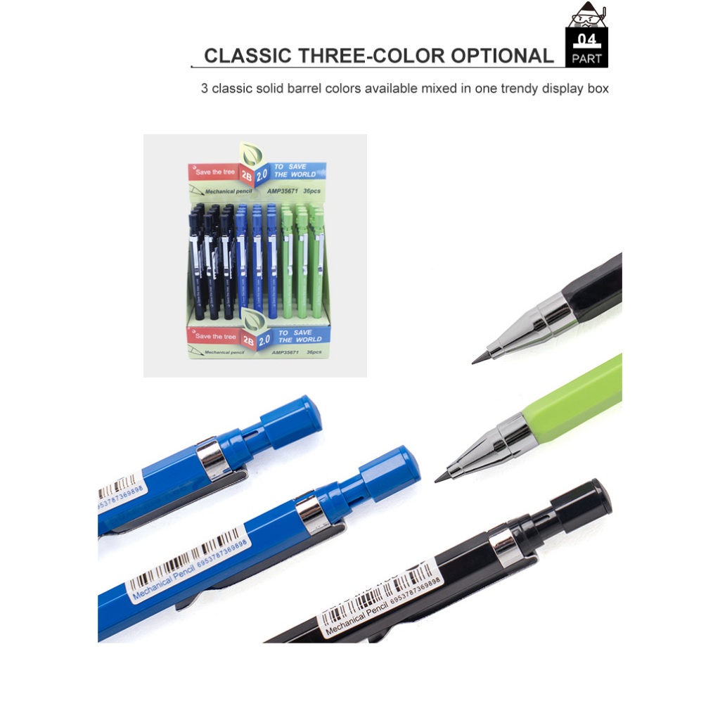 Bút Chì Bấm M&G 2B 2.0mm Kèm Chuốt Chì – Thân Lục Giác Chống Trượt, Cho Học Sinh & Vẽ Phác Thảo