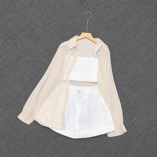 Set đồ nữ big size 3 món gồm áo sơ mi voan lụa cát dài tay kết hợp áo 2 dây croptop và quần đùi basic dễ mặc-SET967