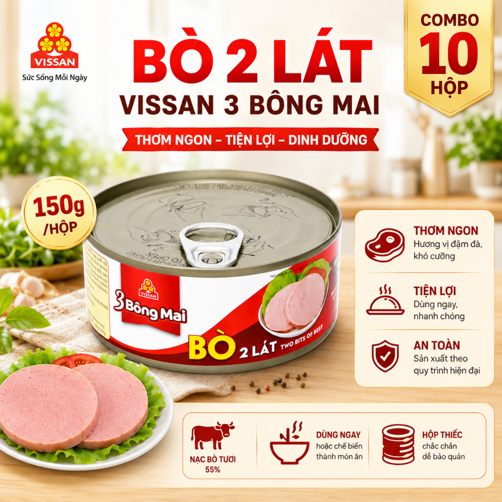 [ COMBO 10 HỘP ] Bò 2 Lát 3 Bông Mai Vissan – Chính Hãng Date 2029, HSD 36 Tháng, Ăn Liền Tiện Lợi