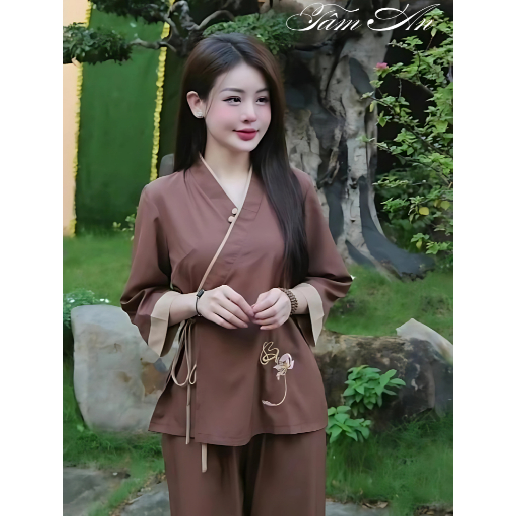 Bộ Đồ Lam Đi Chùa,Pháp Phục đi Lễ chất lụa cao cấp Thêu Chữ Buông - Pháp Phục Tâm An TA02