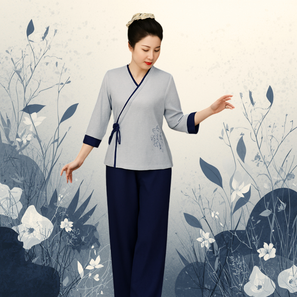 Bộ Đồ Lam Đi Chùa,Pháp Phục đi Lễ chất lụa cao cấp Thêu Chữ Buông - Pháp Phục Tâm An TA02