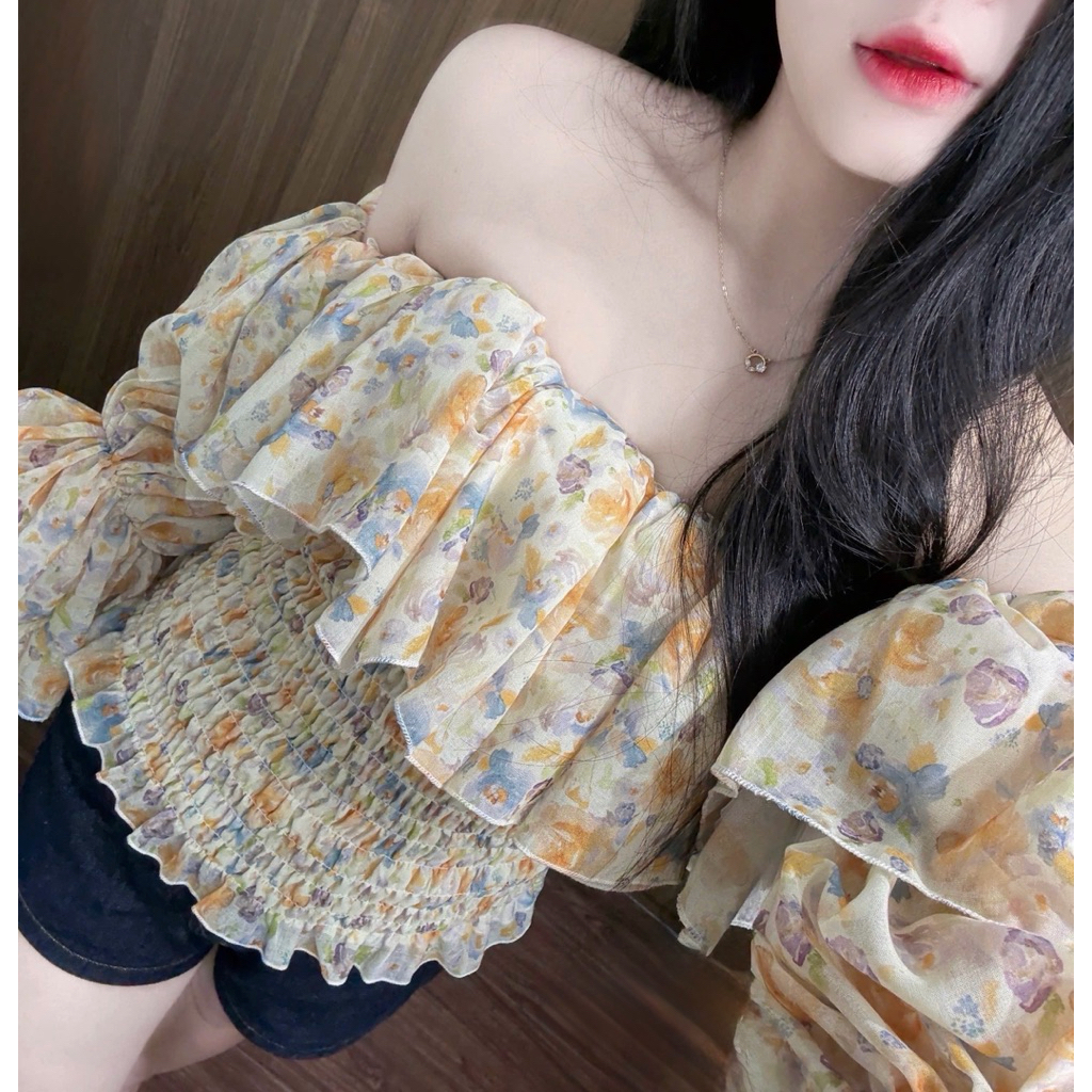 Áo trễ vai hoa bèo phối chun xinh yêu