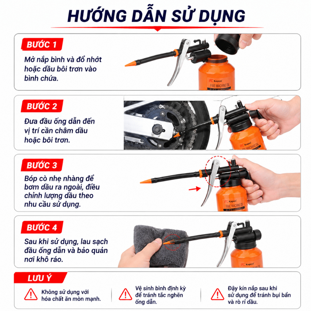 Bình Châm Nhớt Kapusi 250ML Sắt & Nhựa Trong,Bình Vịt Tra Dầu Chuyên Dụng Cho Garage Xưởng Sửa Chữa