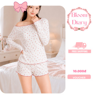[TẶNG TẤT] Bộ Đồ Ngủ Tiểu Thư Áo Tay Dài Và Quần Đùi Form Rộng Chất Thun Cotton, Bộ Đồ Ngủ Nữ - BD009