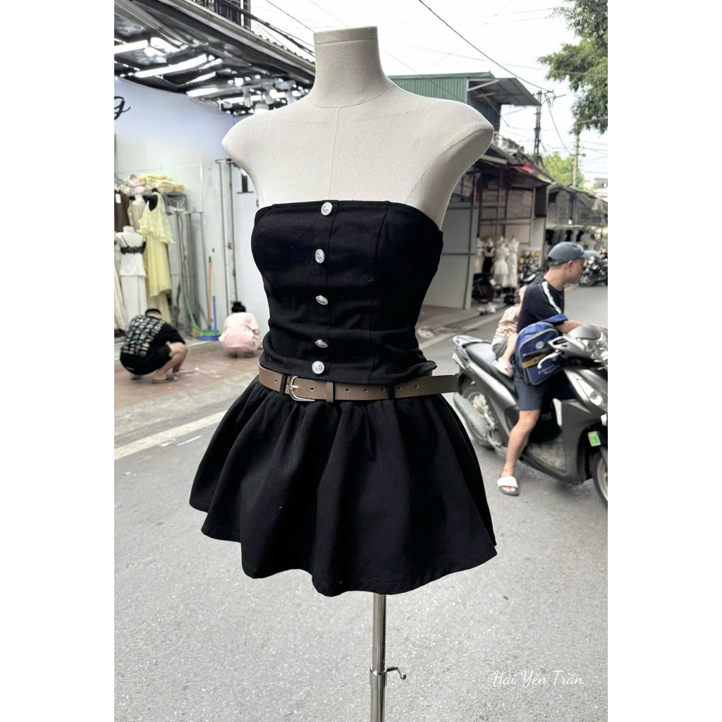 Set áo quây phối cúc mix chân váy xoè kèm đai siu chảnh