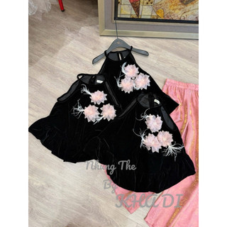 Sét áo nhung the cổ yếm đính hoa hồng phấn + quần xuông lụa hồng