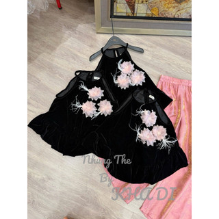 Sét áo nhung the cổ yếm đính hoa hồng phấn + quần xuông lụa hồng