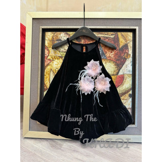 Sét áo nhung the cổ yếm đính hoa hồng phấn + quần xuông lụa hồng